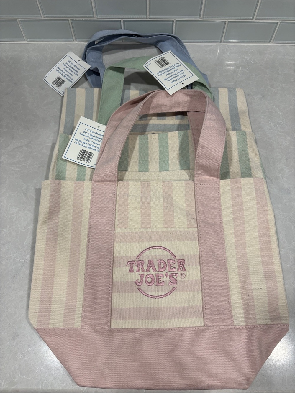 Trader Joe's TikTok Stripe Canvas mini Tote Bags - Pink, Blue, Green, Brown
